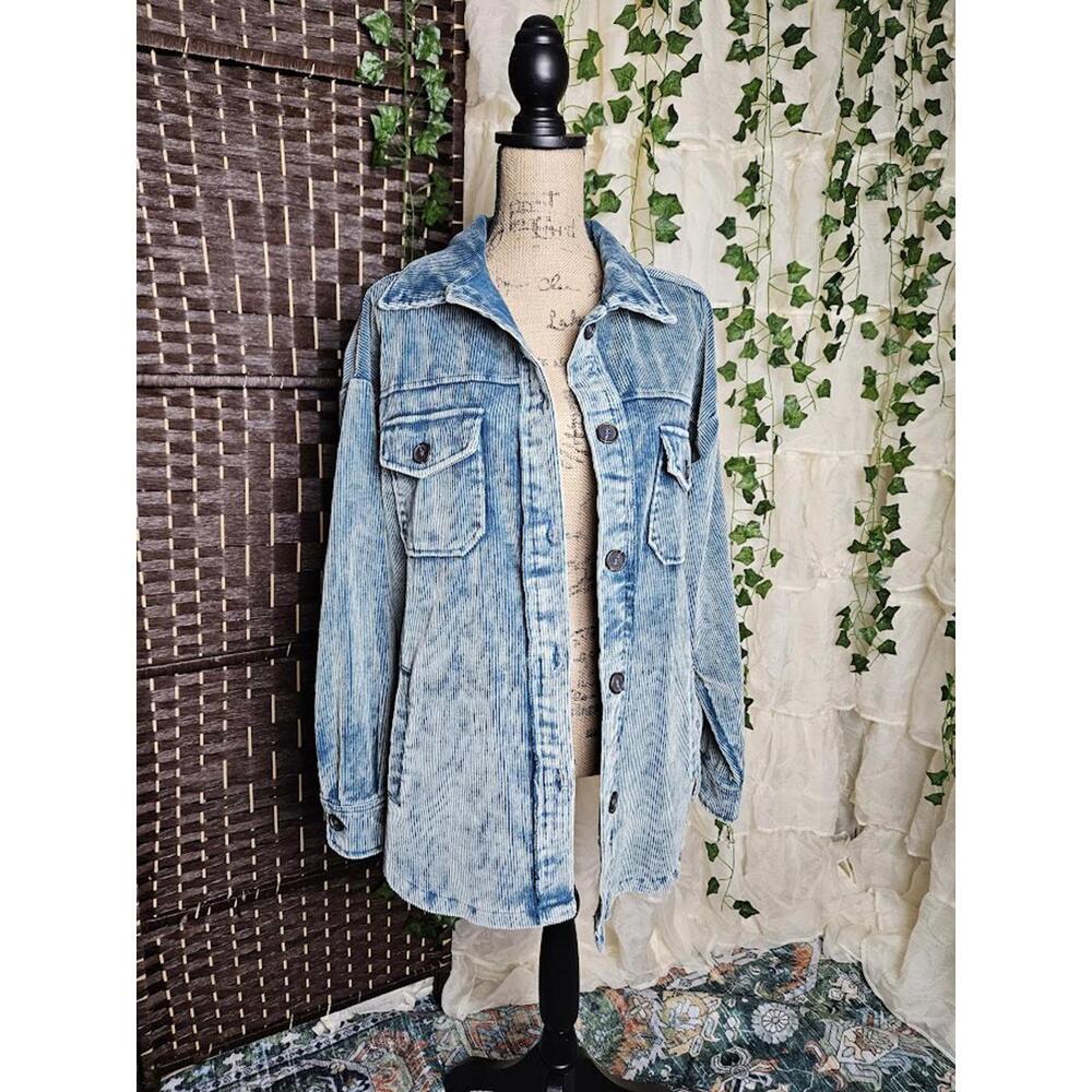Zenana Blue Corduroy Button-Up Shirt Jacket